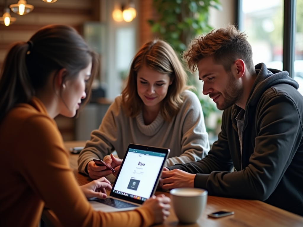 Three people sitting together in a café looking at a laptop screen.