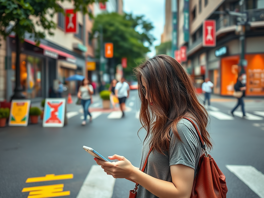 A woman stands on a city street, looking at her phone, with people walking and shops in the background.