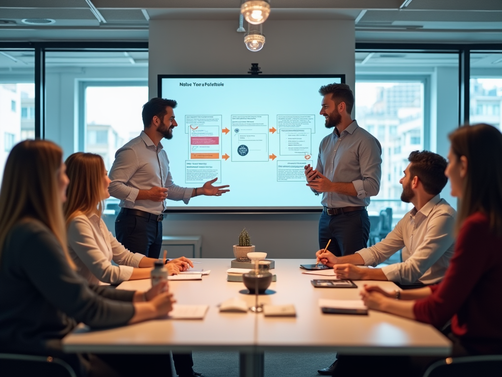 Two men presenting a project to colleagues in a modern office meeting room.